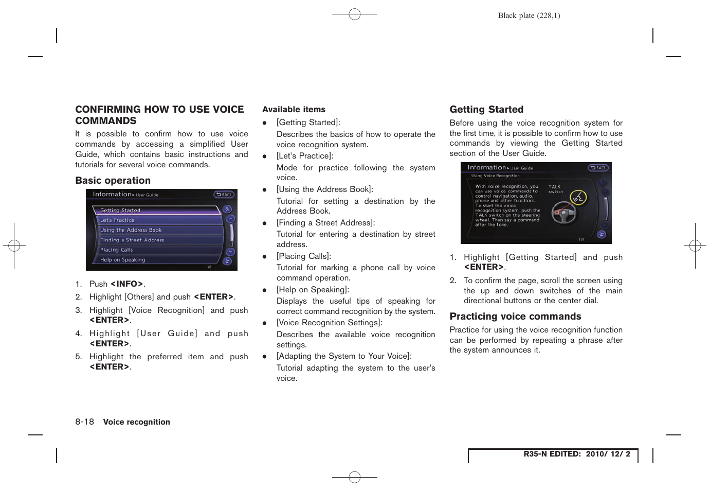 Confirming how to use voice commands, Basic operation, Getting started | Practicing voice commands, Confirming how to use voice commands -18 | NISSAN 2012 GT R - Multi Function Display Owner's Manual User Manual | Page 228 / 307
