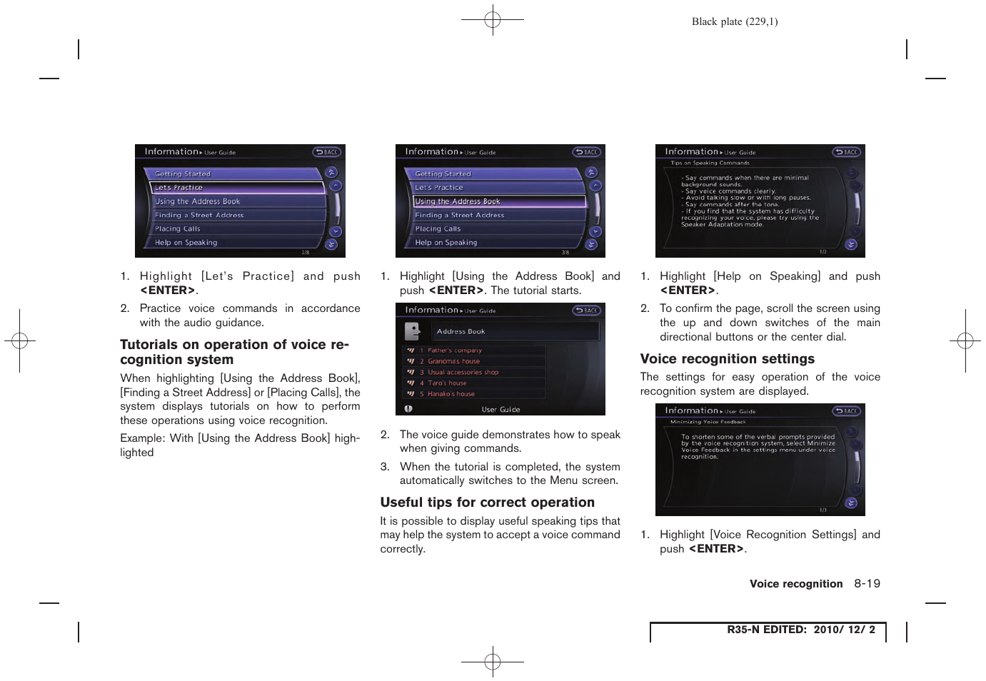 Tutorials on operation of voice recognition system, Useful tips for correct operation, Voice recognition settings | NISSAN 2012 GT R - Multi Function Display Owner's Manual User Manual | Page 229 / 307