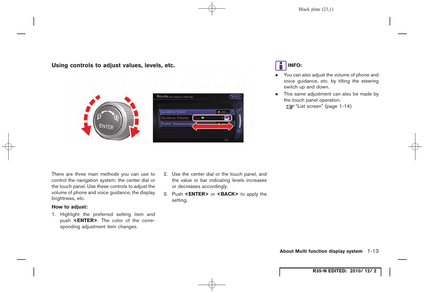 Using controls to adjust values, levels, etc | NISSAN 2012 GT R - Multi Function Display Owner's Manual User Manual | Page 23 / 307