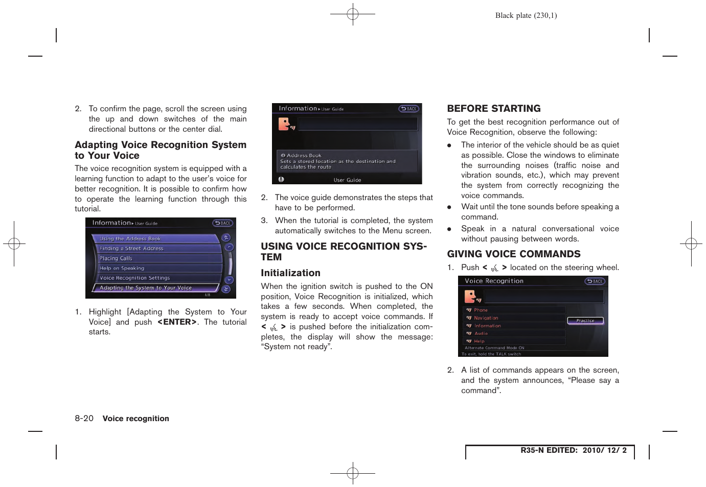 Adapting voice recognition system to your voice, Using voice recognition system, Initialization | Before starting, Giving voice commands | NISSAN 2012 GT R - Multi Function Display Owner's Manual User Manual | Page 230 / 307