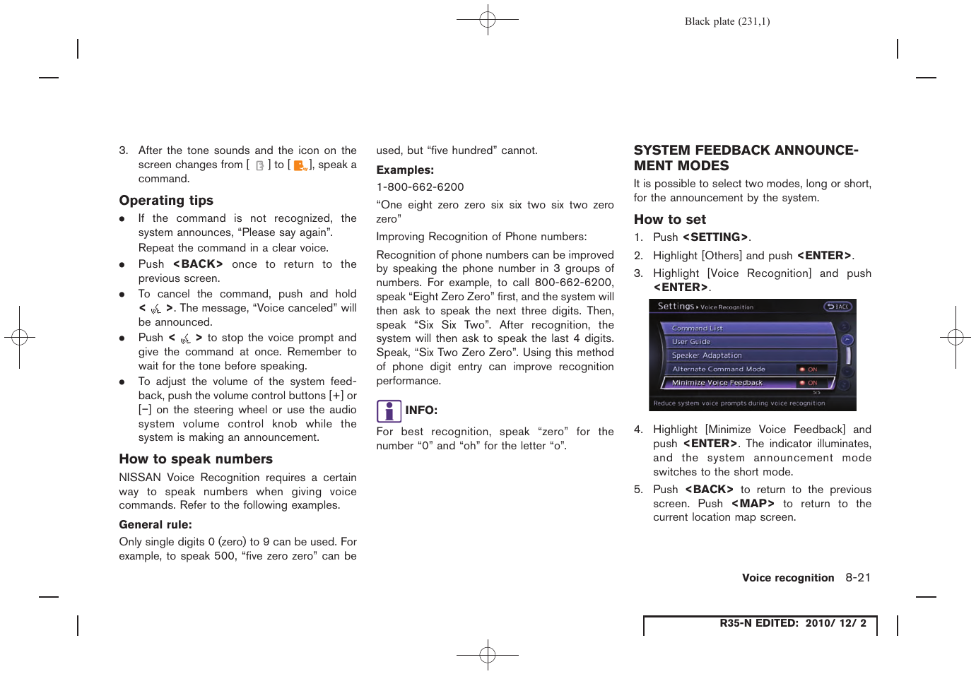 Operating tips, How to speak numbers, System feedback announcement modes | How to set, System feedback announcement modes -21 | NISSAN 2012 GT R - Multi Function Display Owner's Manual User Manual | Page 231 / 307