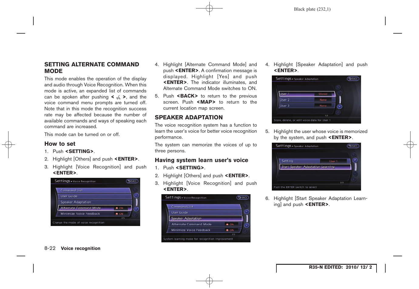 Setting alternate command mode, How to set, Speaker adaptation | Having system learn user’s voice | NISSAN 2012 GT R - Multi Function Display Owner's Manual User Manual | Page 232 / 307