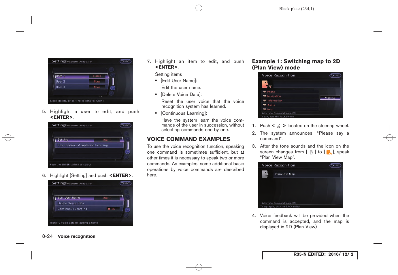 Voice command examples, Example 1: switching map to 2d (plan view) mode, Voice command examples -24 | NISSAN 2012 GT R - Multi Function Display Owner's Manual User Manual | Page 234 / 307