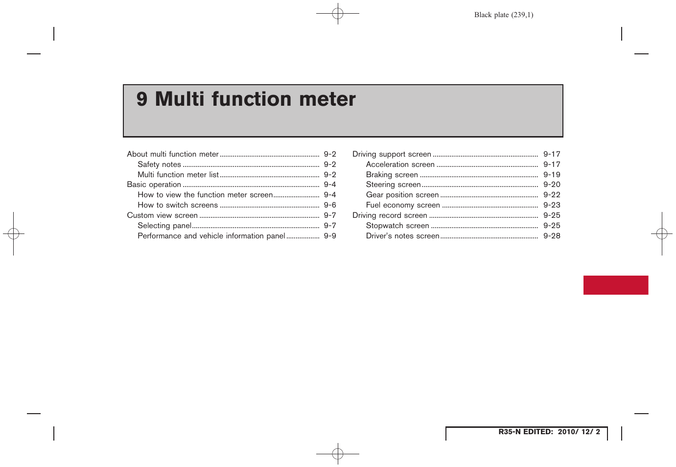 Multi function meter, 9 multi function meter | NISSAN 2012 GT R - Multi Function Display Owner's Manual User Manual | Page 239 / 307