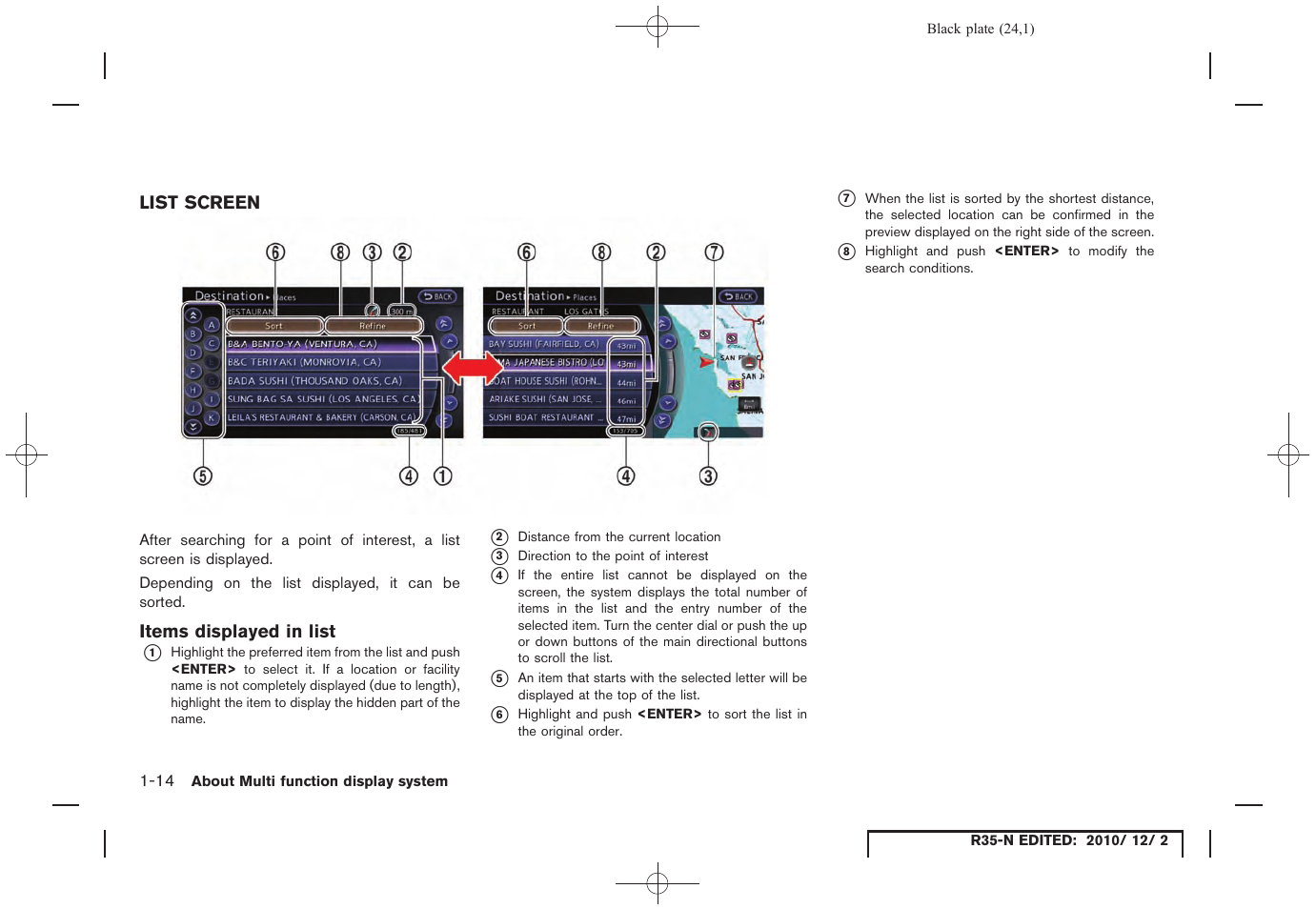 List screen, Items displayed in list, List screen -14 | NISSAN 2012 GT R - Multi Function Display Owner's Manual User Manual | Page 24 / 307