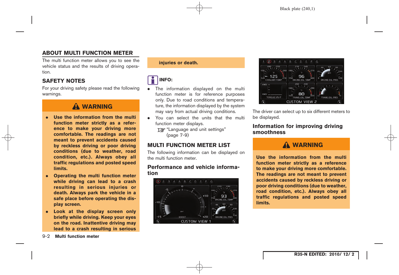 About multi function meter, Safety notes, Multi function meter list | Performance and vehicle information, Information for improving driving smoothness, About multi function meter -2, Safety notes -2 multi function meter list -2 | NISSAN 2012 GT R - Multi Function Display Owner's Manual User Manual | Page 240 / 307