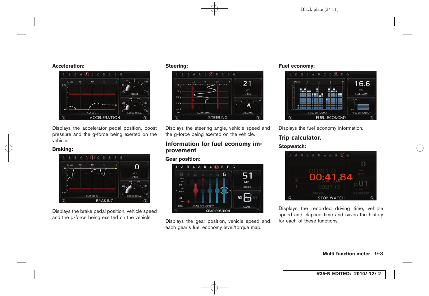 Information for fuel economy improvement, Trip calculator | NISSAN 2012 GT R - Multi Function Display Owner's Manual User Manual | Page 241 / 307