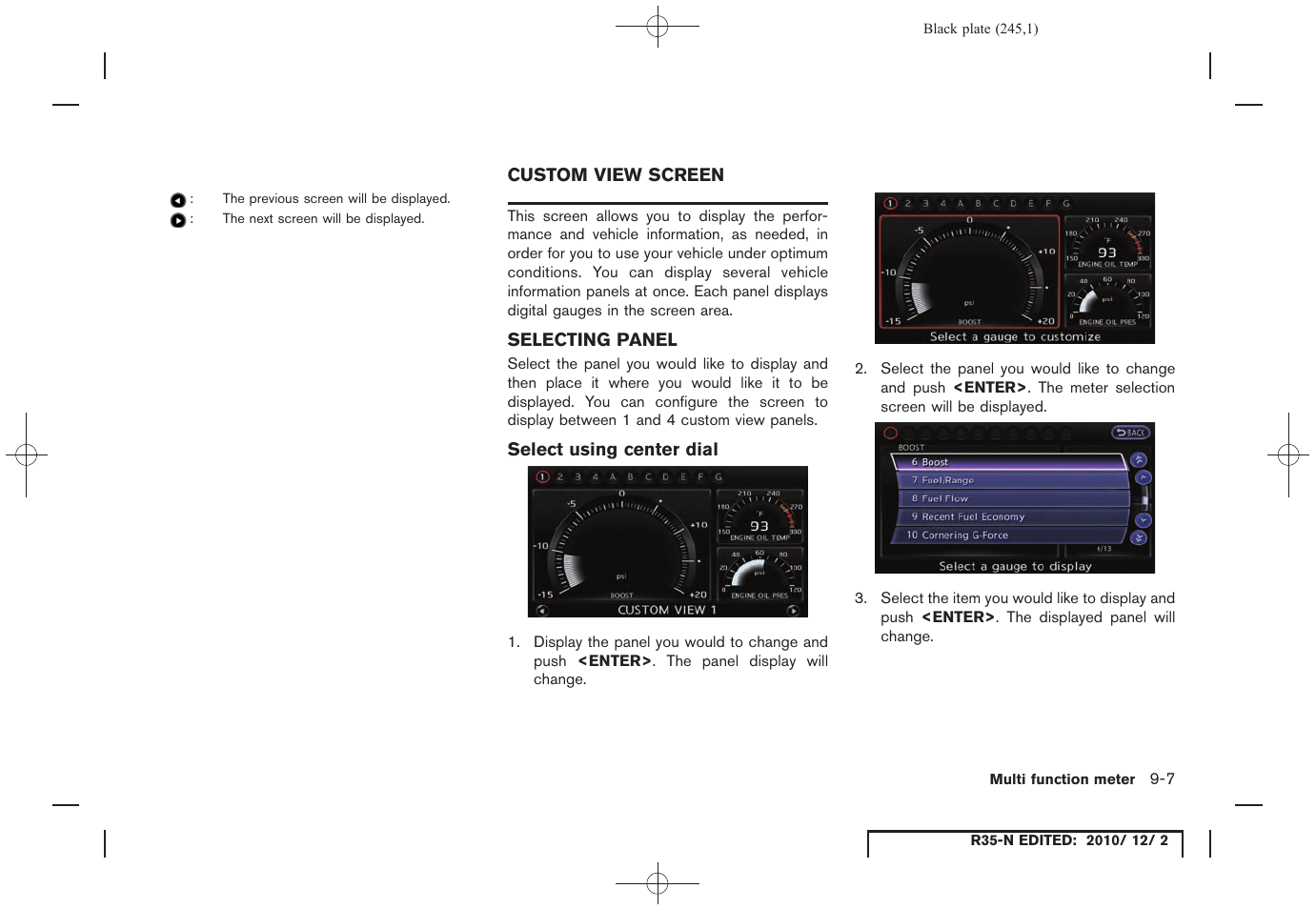 Custom view screen, Selecting panel, Select using center dial | Custom view screen -7, Selecting panel -7 | NISSAN 2012 GT R - Multi Function Display Owner's Manual User Manual | Page 245 / 307