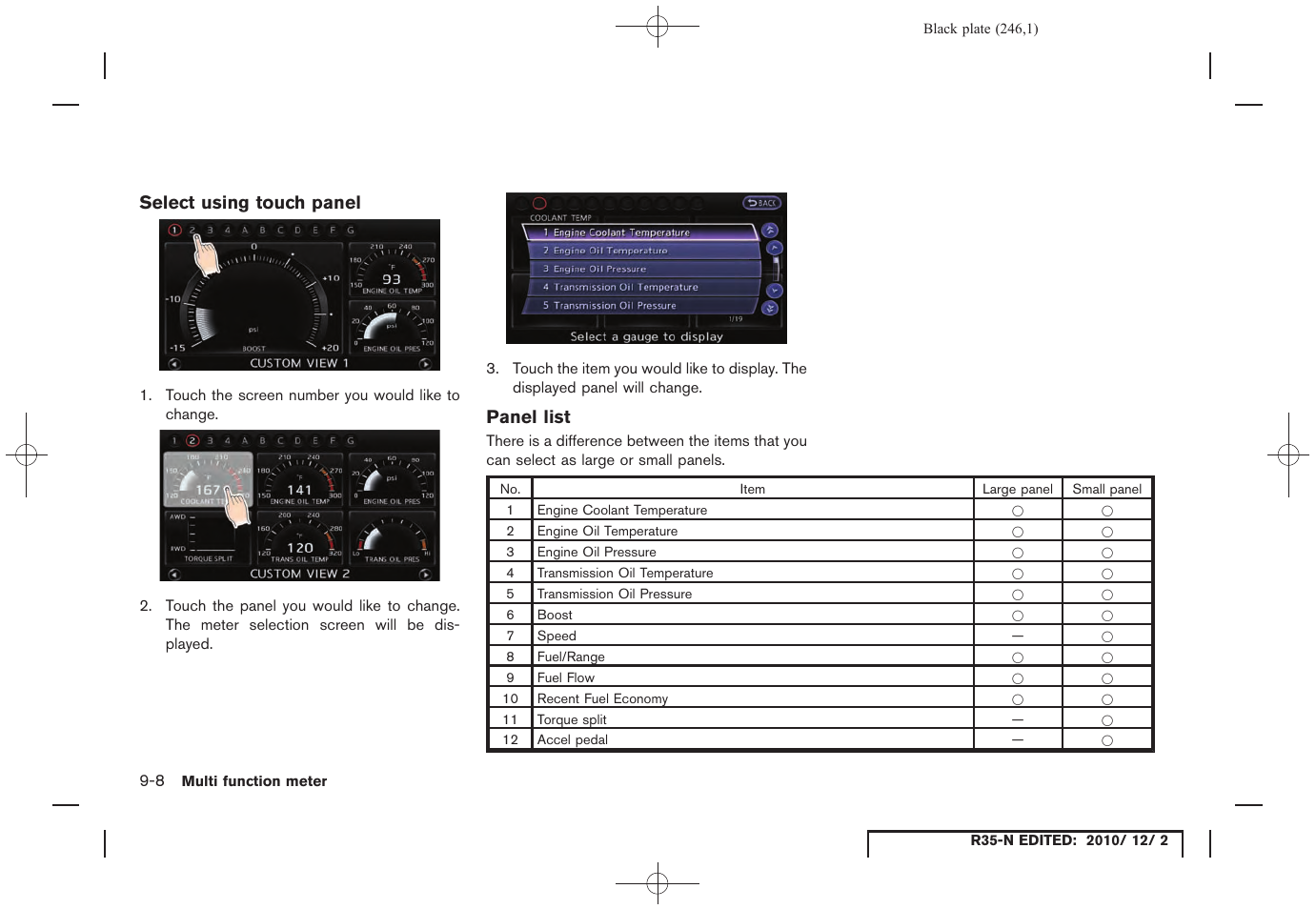 Select using touch panel, Panel list | NISSAN 2012 GT R - Multi Function Display Owner's Manual User Manual | Page 246 / 307