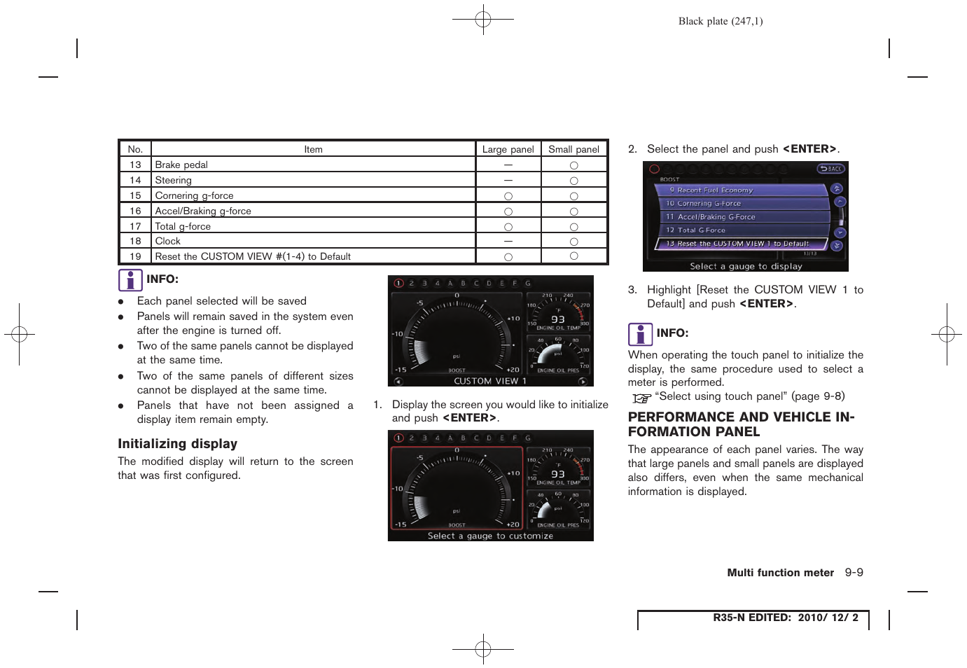 Initializing display, Performance and vehicle information panel, Performance and vehicle information panel -9 | NISSAN 2012 GT R - Multi Function Display Owner's Manual User Manual | Page 247 / 307
