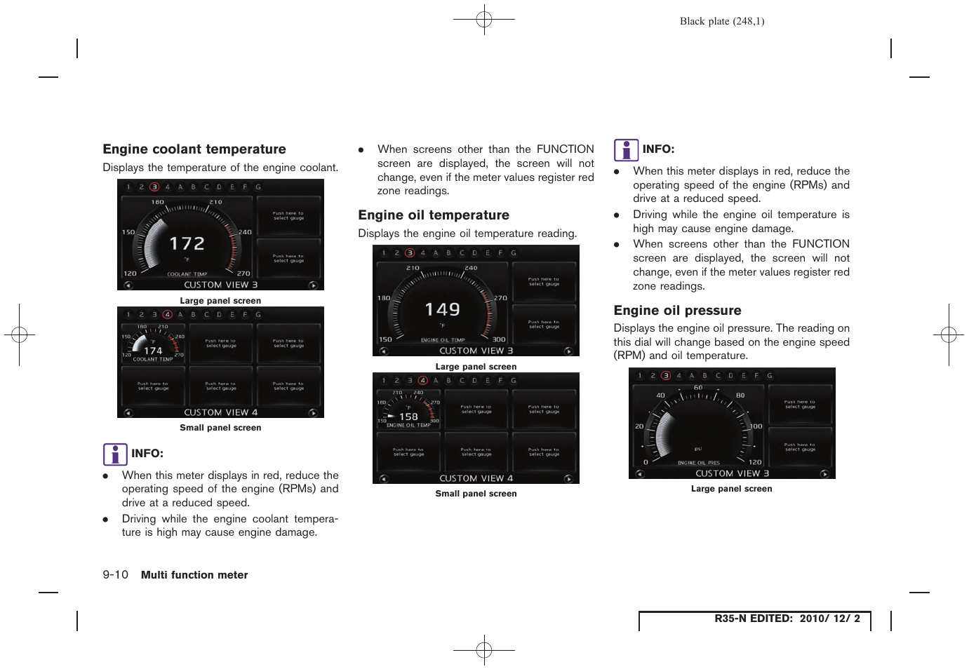 Engine coolant temperature, Engine oil temperature, Engine oil pressure | NISSAN 2012 GT R - Multi Function Display Owner's Manual User Manual | Page 248 / 307