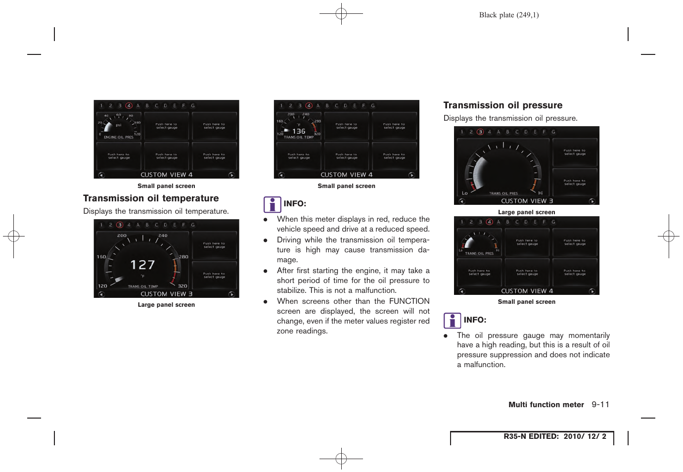 Transmission oil temperature, Transmission oil pressure | NISSAN 2012 GT R - Multi Function Display Owner's Manual User Manual | Page 249 / 307