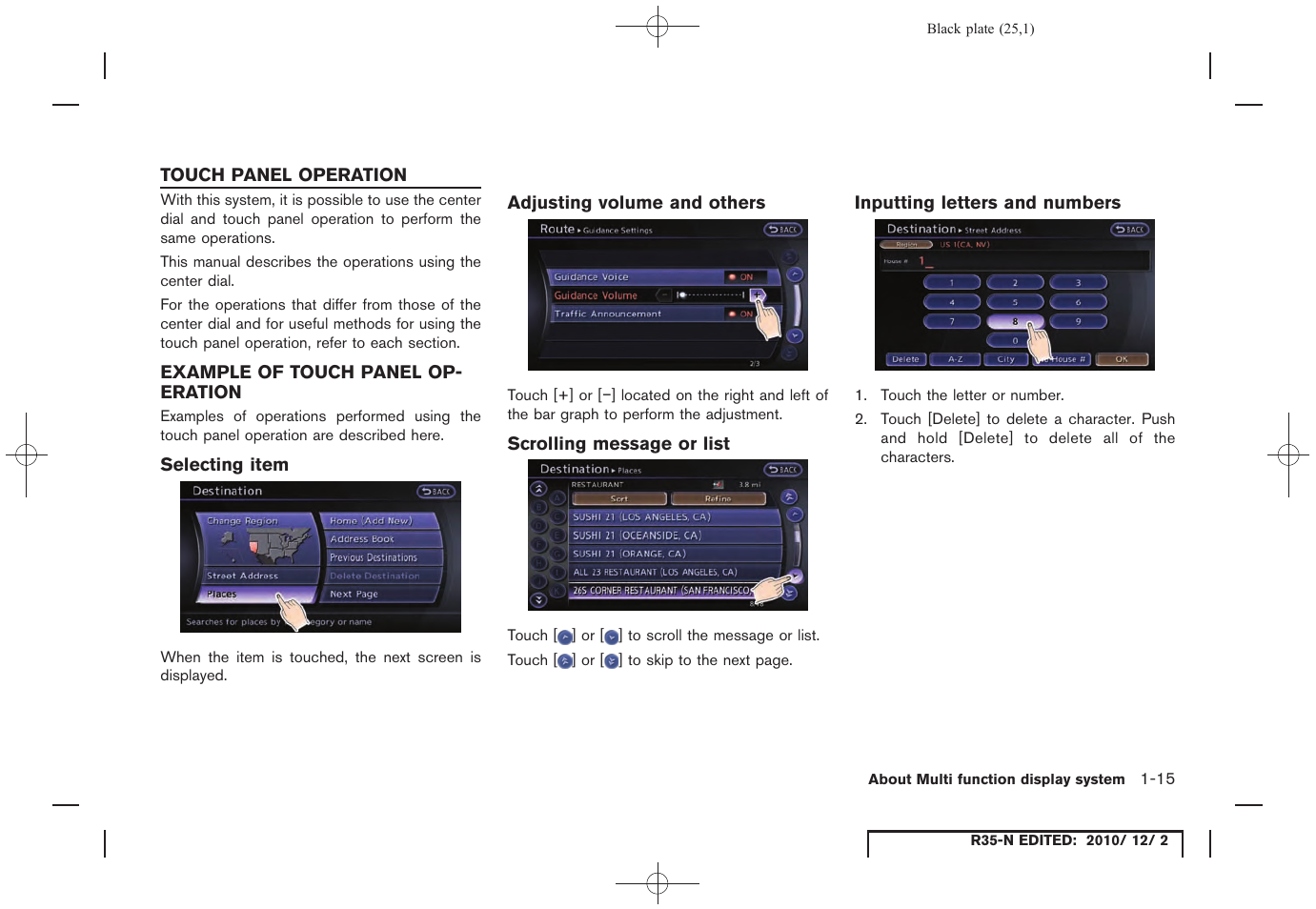 Touch panel operation, Example of touch panel operation, Selecting item | Adjusting volume and others, Scrolling message or list, Inputting letters and numbers, Touch panel operation -15, Example of touch panel operation -15 | NISSAN 2012 GT R - Multi Function Display Owner's Manual User Manual | Page 25 / 307
