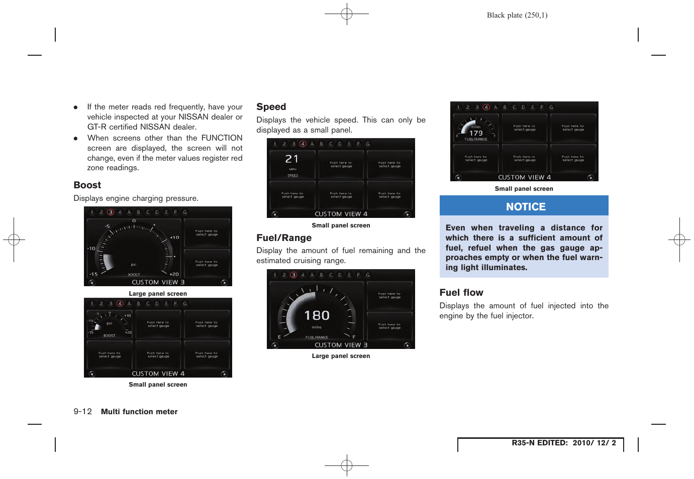 Boost, Speed, Fuel/range | Fuel flow | NISSAN 2012 GT R - Multi Function Display Owner's Manual User Manual | Page 250 / 307