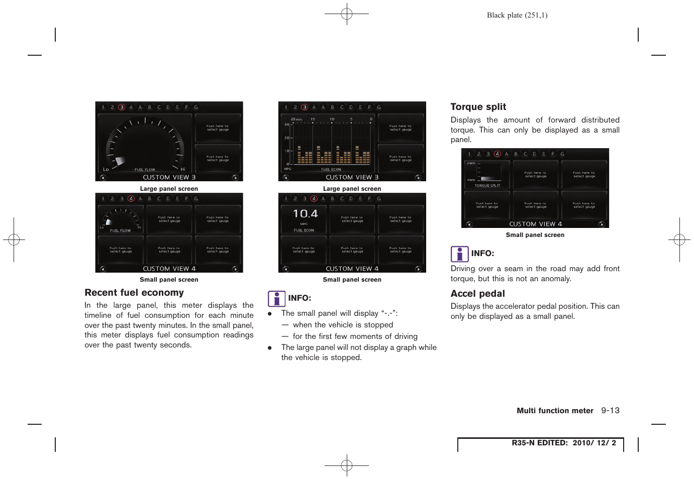 Recent fuel economy, Torque split, Accel pedal | NISSAN 2012 GT R - Multi Function Display Owner's Manual User Manual | Page 251 / 307