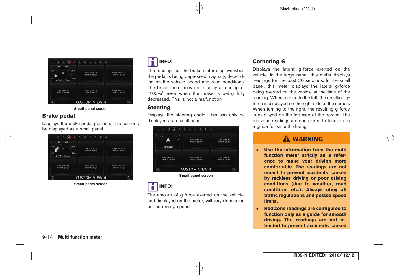 Brake pedal, Steering, Cornering g | NISSAN 2012 GT R - Multi Function Display Owner's Manual User Manual | Page 252 / 307