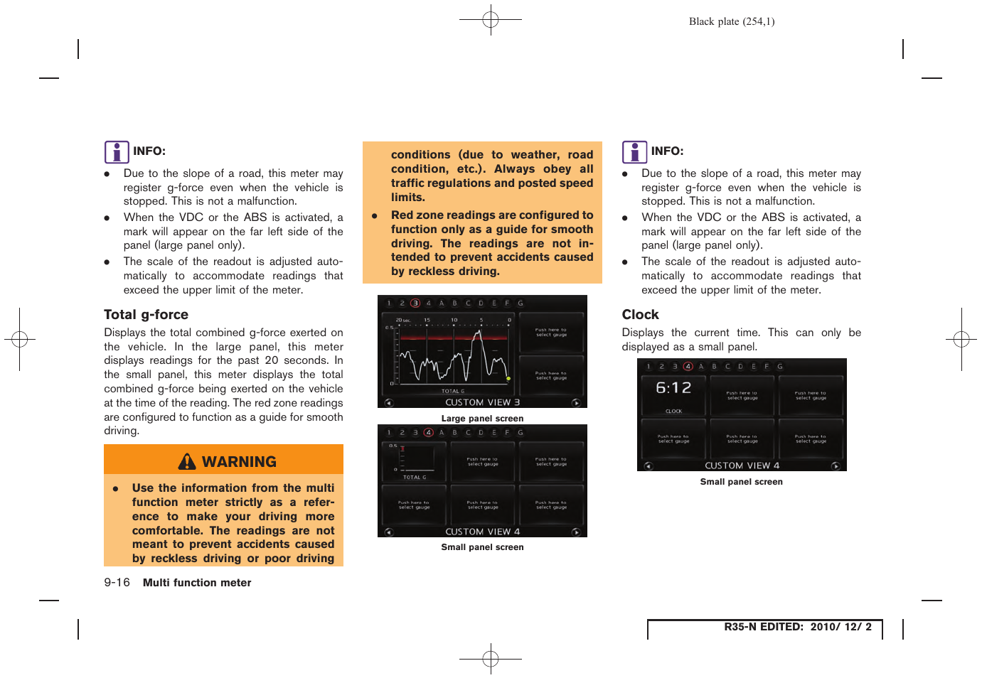 Total g-force, Clock | NISSAN 2012 GT R - Multi Function Display Owner's Manual User Manual | Page 254 / 307