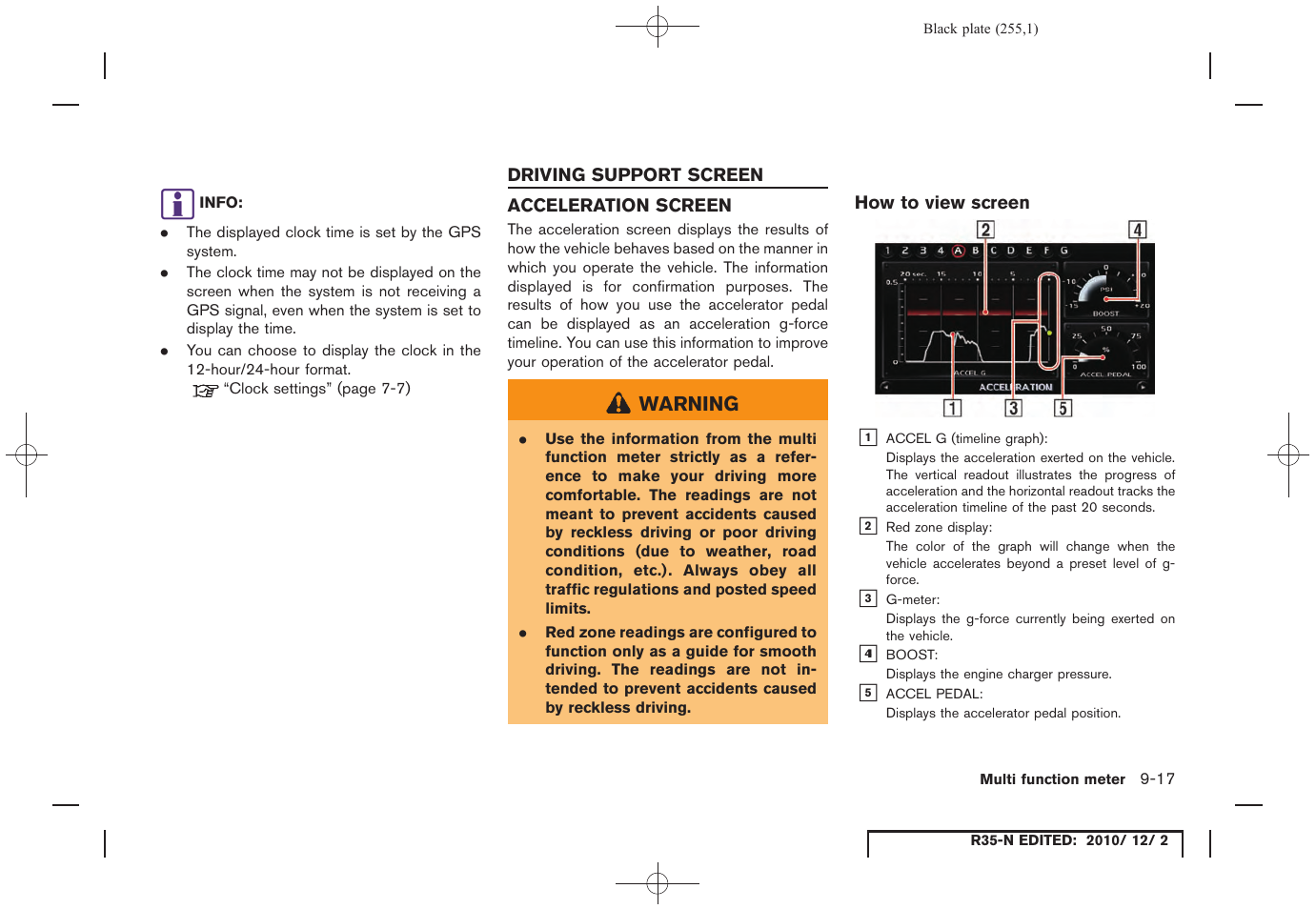 Driving support screen, Acceleration screen, How to view screen | Driving support screen -17, Acceleration screen -17 | NISSAN 2012 GT R - Multi Function Display Owner's Manual User Manual | Page 255 / 307