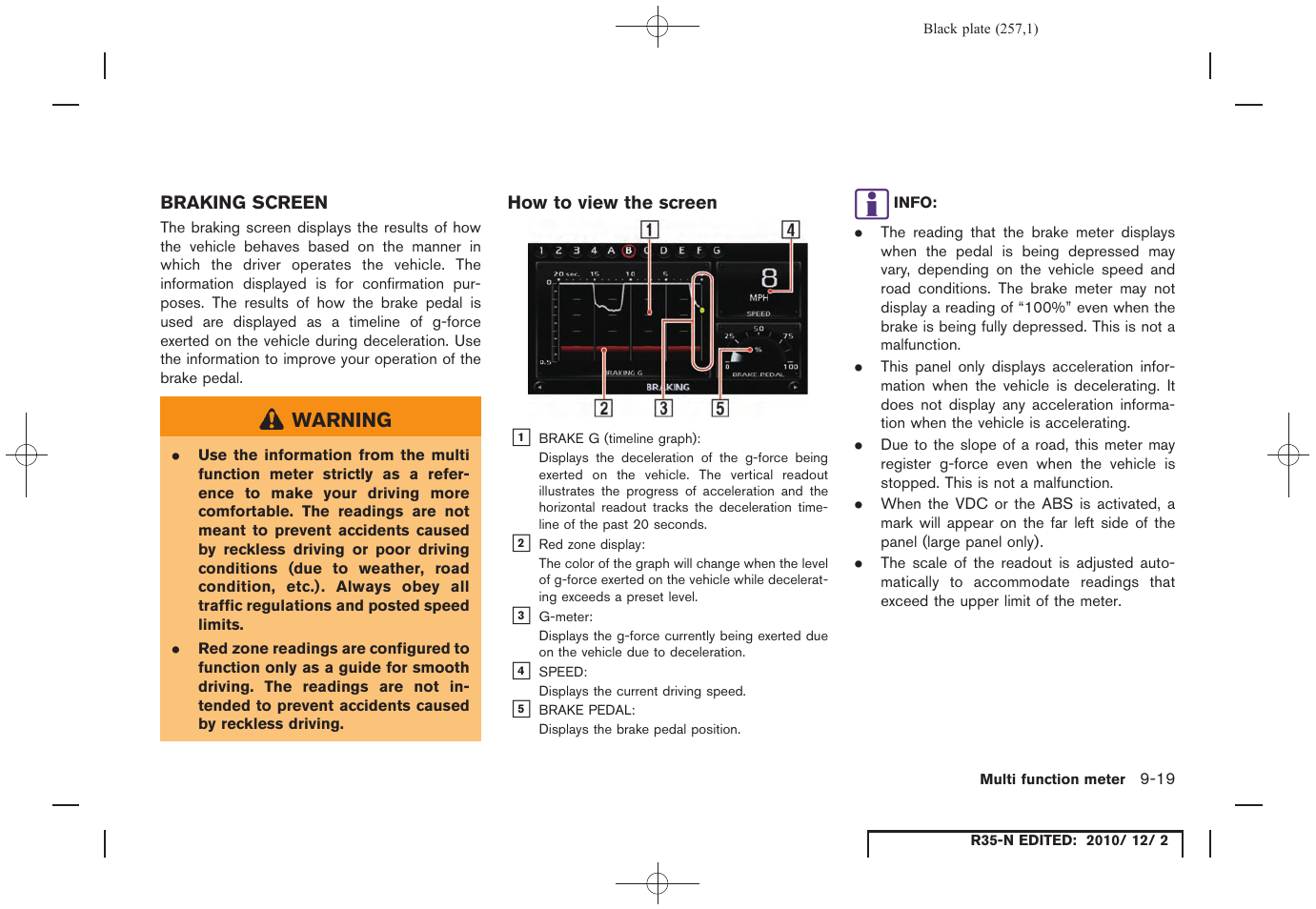 Braking screen, How to view the screen, Braking screen -19 | NISSAN 2012 GT R - Multi Function Display Owner's Manual User Manual | Page 257 / 307