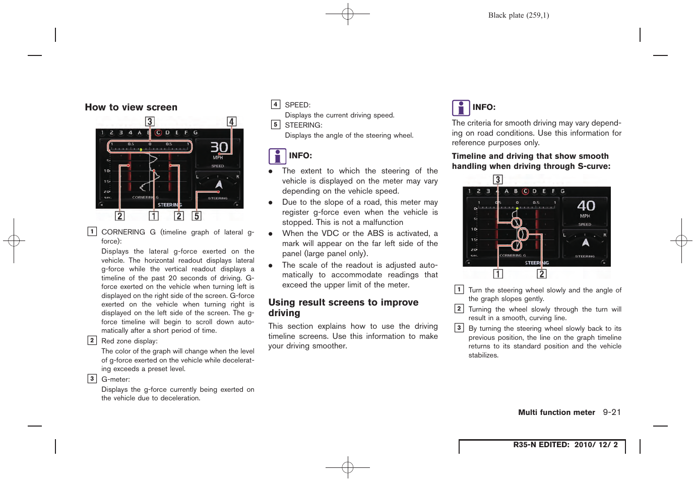 How to view screen, Using result screens to improve driving | NISSAN 2012 GT R - Multi Function Display Owner's Manual User Manual | Page 259 / 307