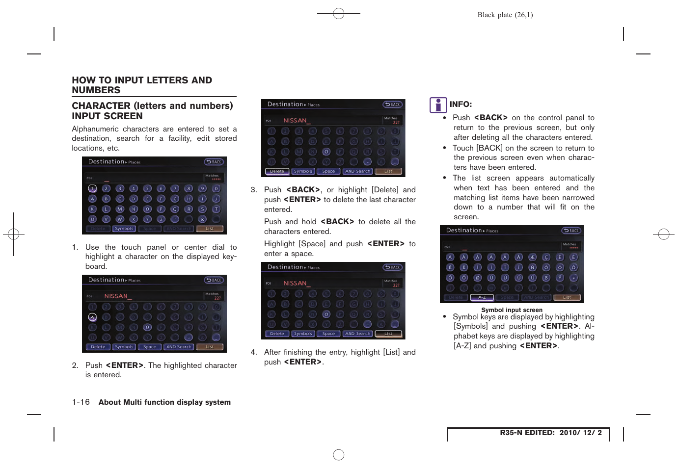 How to input letters and numbers, Character (letters and numbers) input screen, How to input letters and numbers -16 | Character (letters and numbers) input screen -16 | NISSAN 2012 GT R - Multi Function Display Owner's Manual User Manual | Page 26 / 307