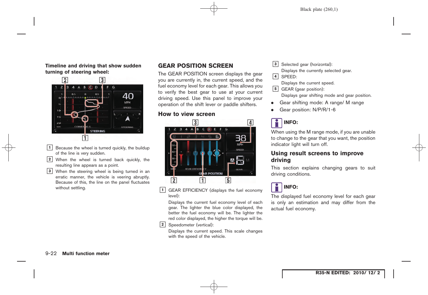 Gear position screen, How to view screen, Using result screens to improve driving | Gear position screen -22 | NISSAN 2012 GT R - Multi Function Display Owner's Manual User Manual | Page 260 / 307