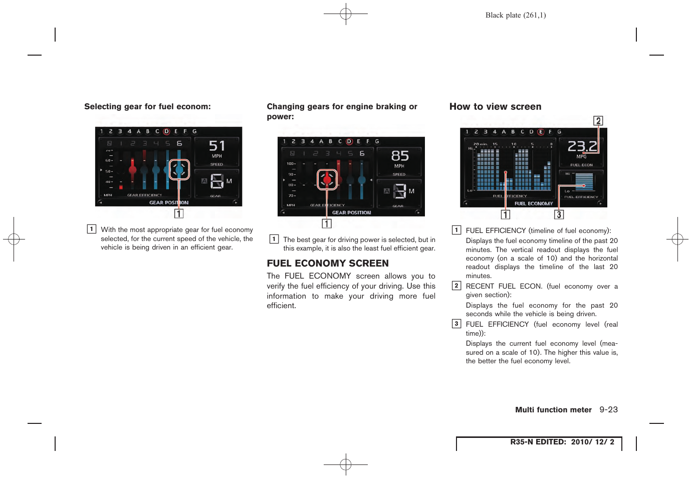 Fuel economy screen, How to view screen, Fuel economy screen -23 | NISSAN 2012 GT R - Multi Function Display Owner's Manual User Manual | Page 261 / 307