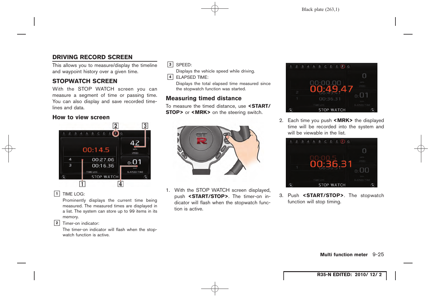 Driving record screen, Stopwatch screen, How to view screen | Measuring timed distance, Driving record screen -25, Stopwatch screen -25 | NISSAN 2012 GT R - Multi Function Display Owner's Manual User Manual | Page 263 / 307