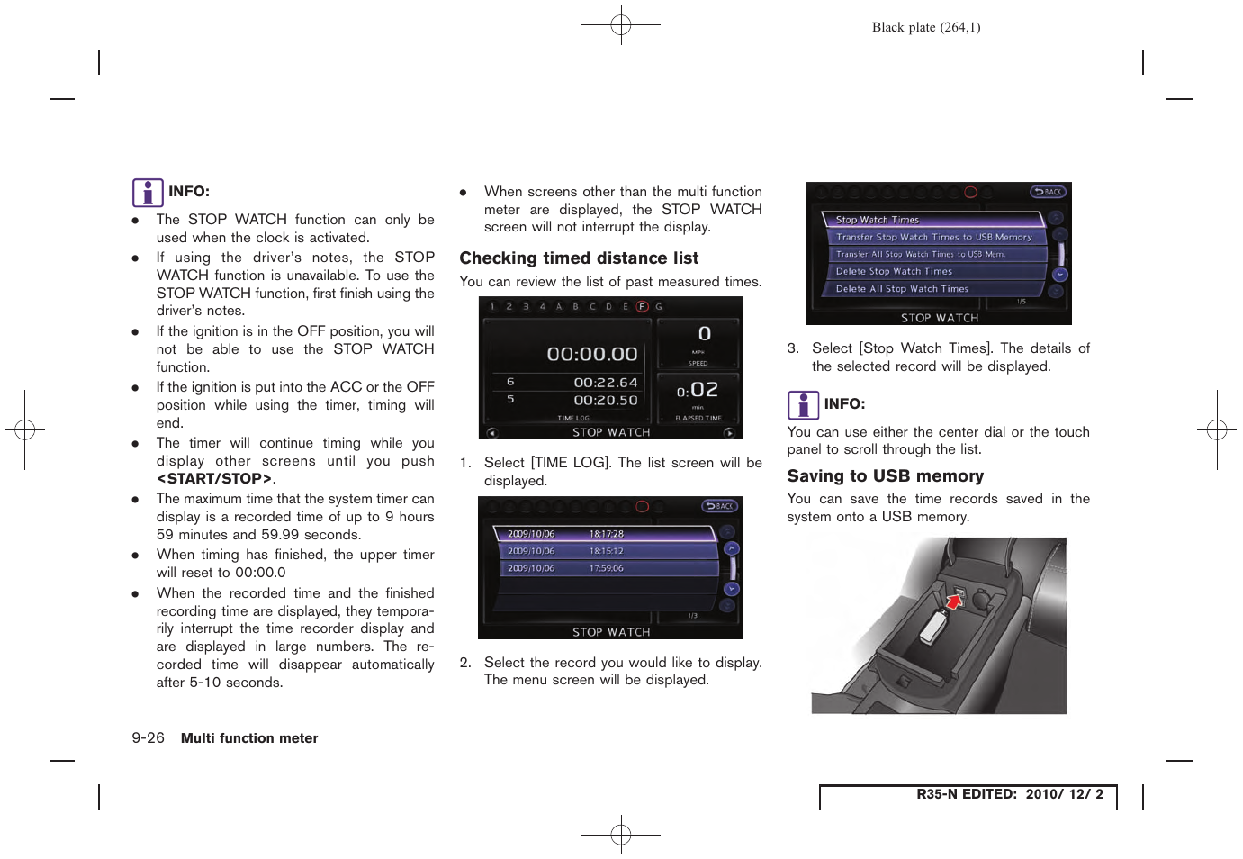 Checking timed distance list, Saving to usb memory | NISSAN 2012 GT R - Multi Function Display Owner's Manual User Manual | Page 264 / 307