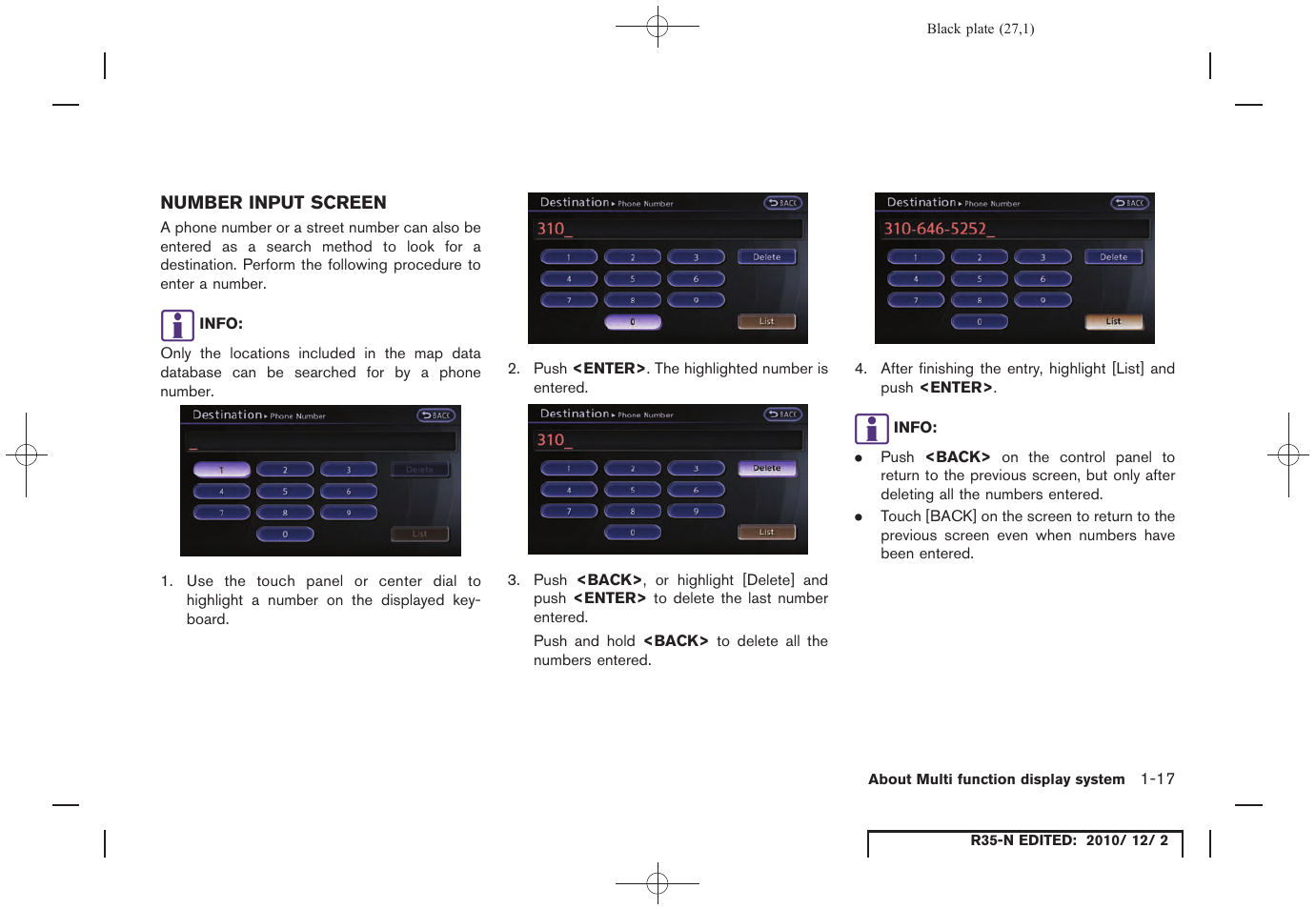 Number input screen, Number input screen -17 | NISSAN 2012 GT R - Multi Function Display Owner's Manual User Manual | Page 27 / 307