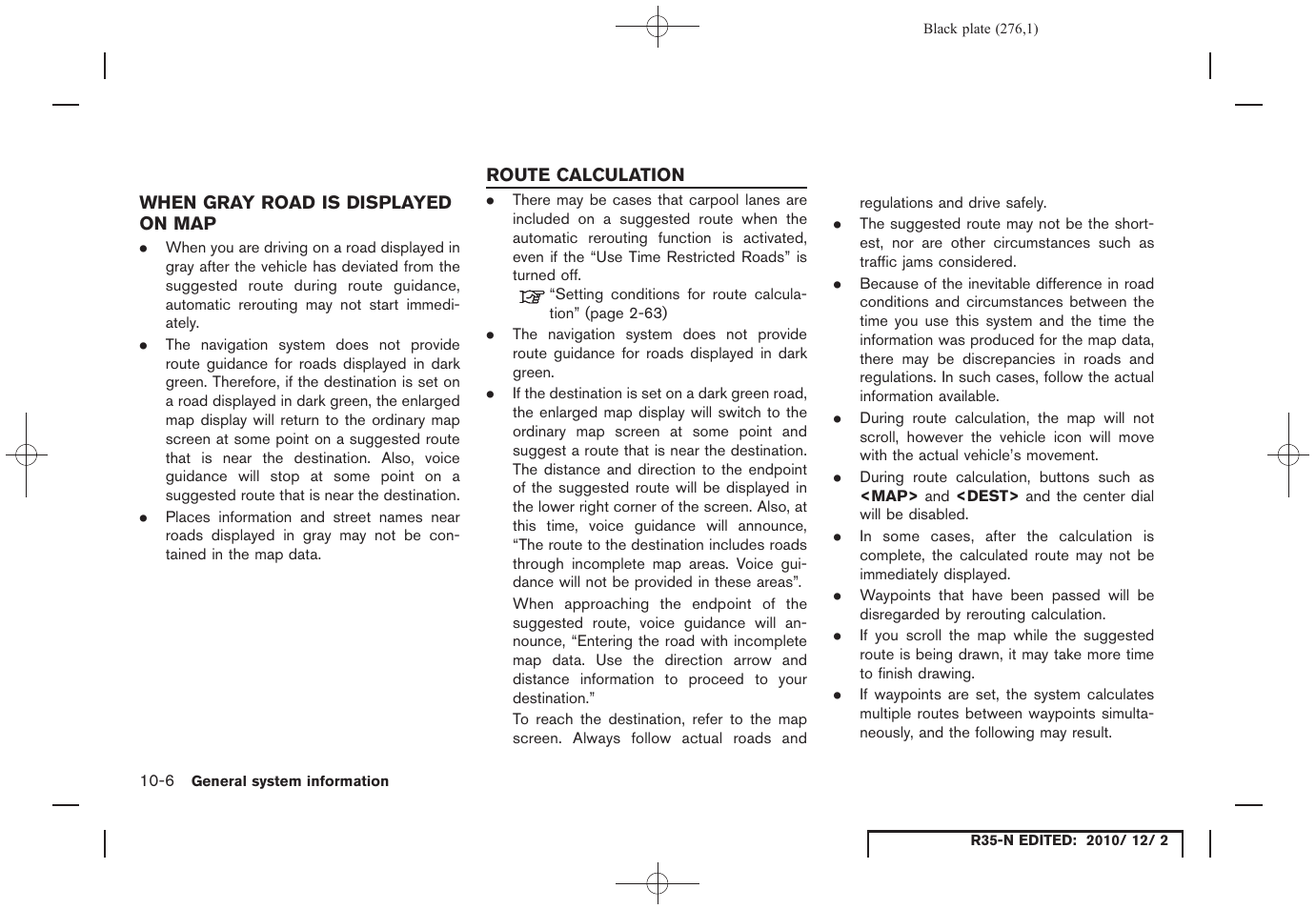 When gray road is displayed on map, Route calculation, When gray road is displayed on map -6 | Route calculation -6 | NISSAN 2012 GT R - Multi Function Display Owner's Manual User Manual | Page 276 / 307
