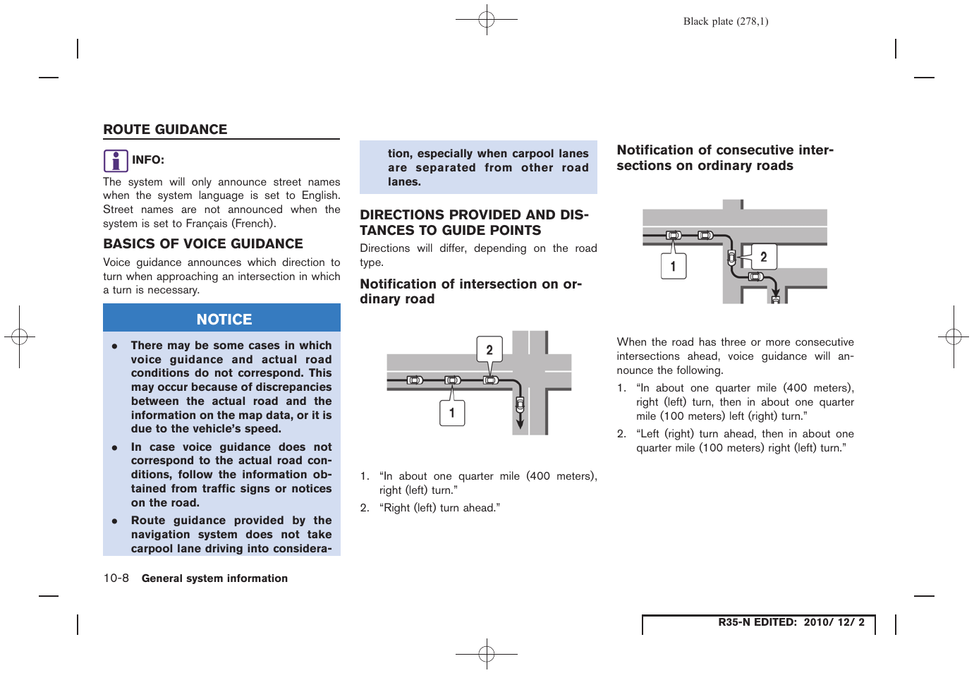 Route guidance, Basics of voice guidance, Directions provided and distances to guide points | Notification of intersection on ordinary road, Route guidance -8 | NISSAN 2012 GT R - Multi Function Display Owner's Manual User Manual | Page 278 / 307