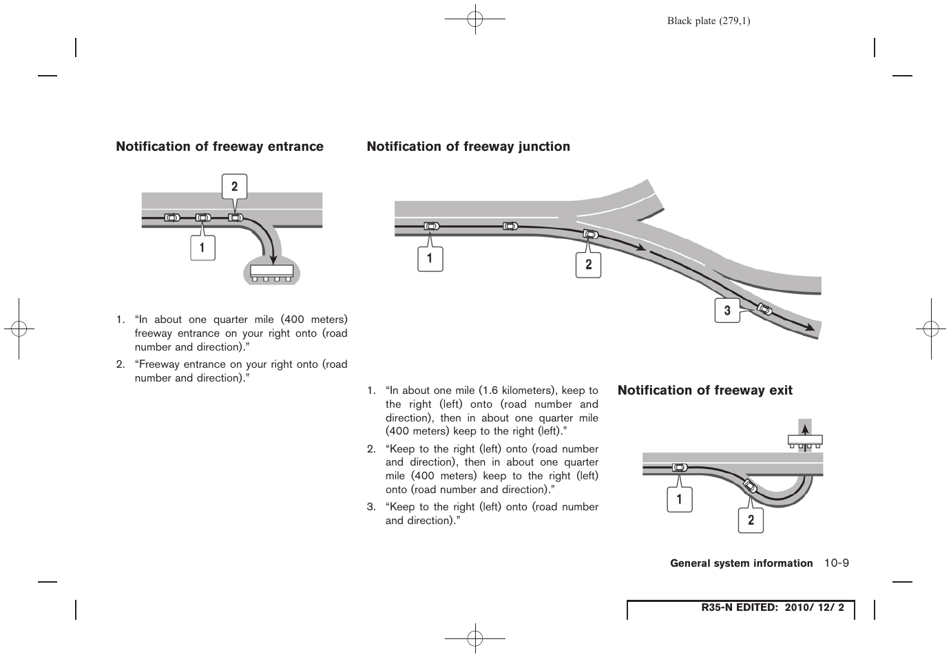 Notification of freeway entrance, Notification of freeway junction, Notification of freeway exit | NISSAN 2012 GT R - Multi Function Display Owner's Manual User Manual | Page 279 / 307