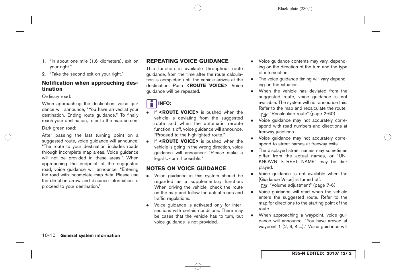 Notification when approaching destination, Repeating voice guidance, Notes on voice guidance | NISSAN 2012 GT R - Multi Function Display Owner's Manual User Manual | Page 280 / 307