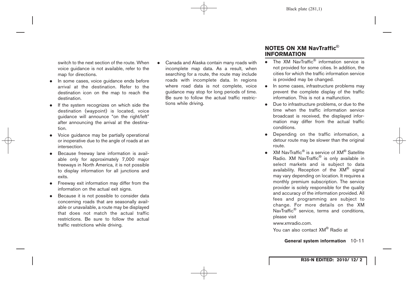 Notes on xm navtraffic® information, Notes on xm navtraffic, Information -11 | NISSAN 2012 GT R - Multi Function Display Owner's Manual User Manual | Page 281 / 307