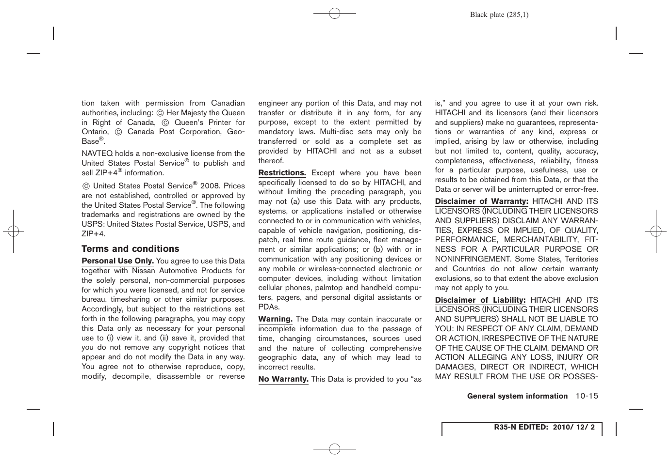 Terms and conditions | NISSAN 2012 GT R - Multi Function Display Owner's Manual User Manual | Page 285 / 307