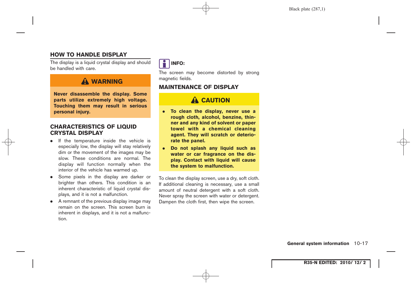 How to handle display, Characteristics of liquid crystal display, Maintenance of display | How to handle display -17 | NISSAN 2012 GT R - Multi Function Display Owner's Manual User Manual | Page 287 / 307