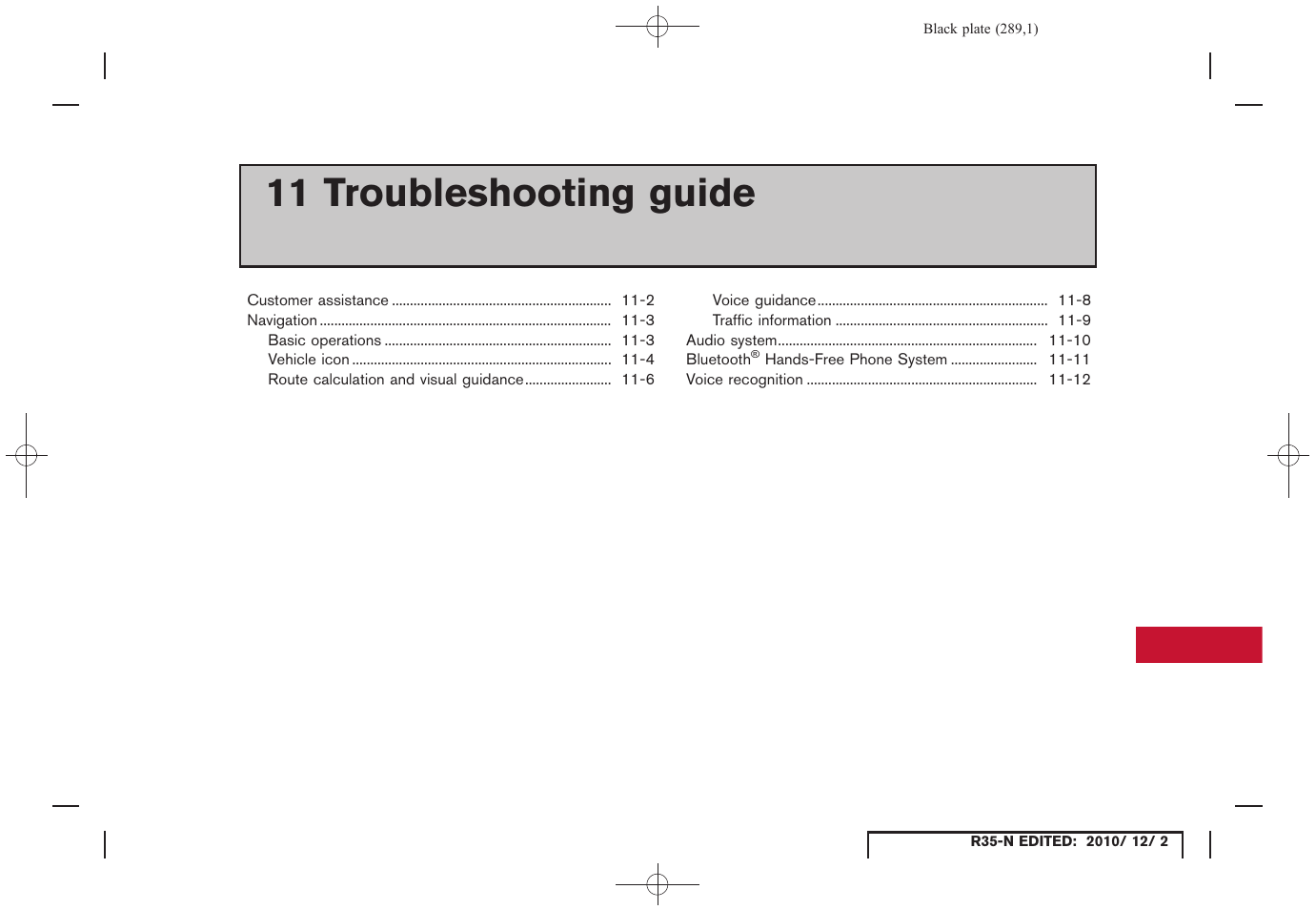 Troubleshooting guide, 11 troubleshooting guide | NISSAN 2012 GT R - Multi Function Display Owner's Manual User Manual | Page 289 / 307