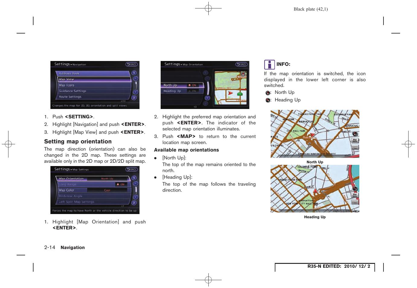 Setting map orientation | NISSAN 2012 GT R - Multi Function Display Owner's Manual User Manual | Page 42 / 307