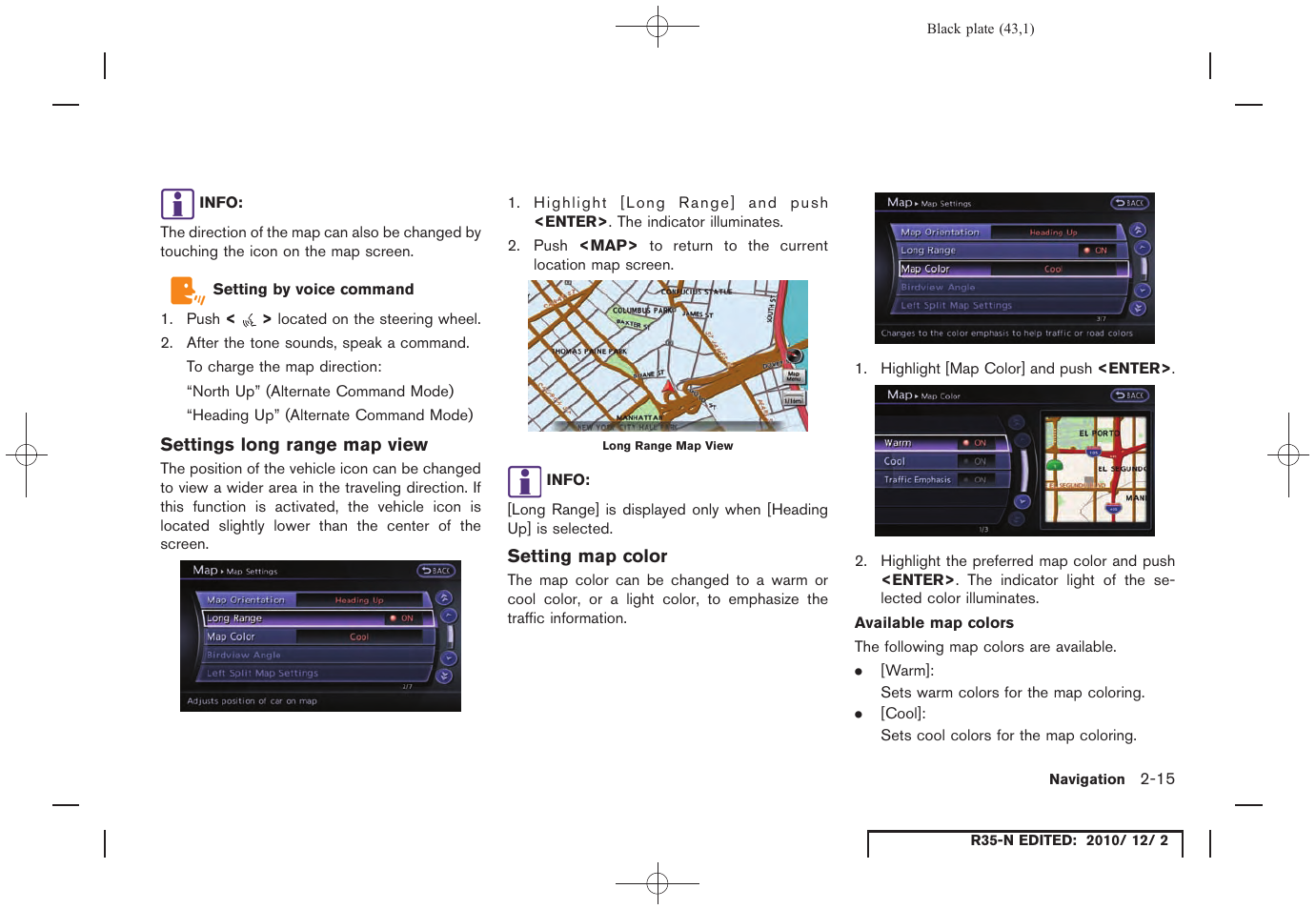 Settings long range map view, Setting map color | NISSAN 2012 GT R - Multi Function Display Owner's Manual User Manual | Page 43 / 307