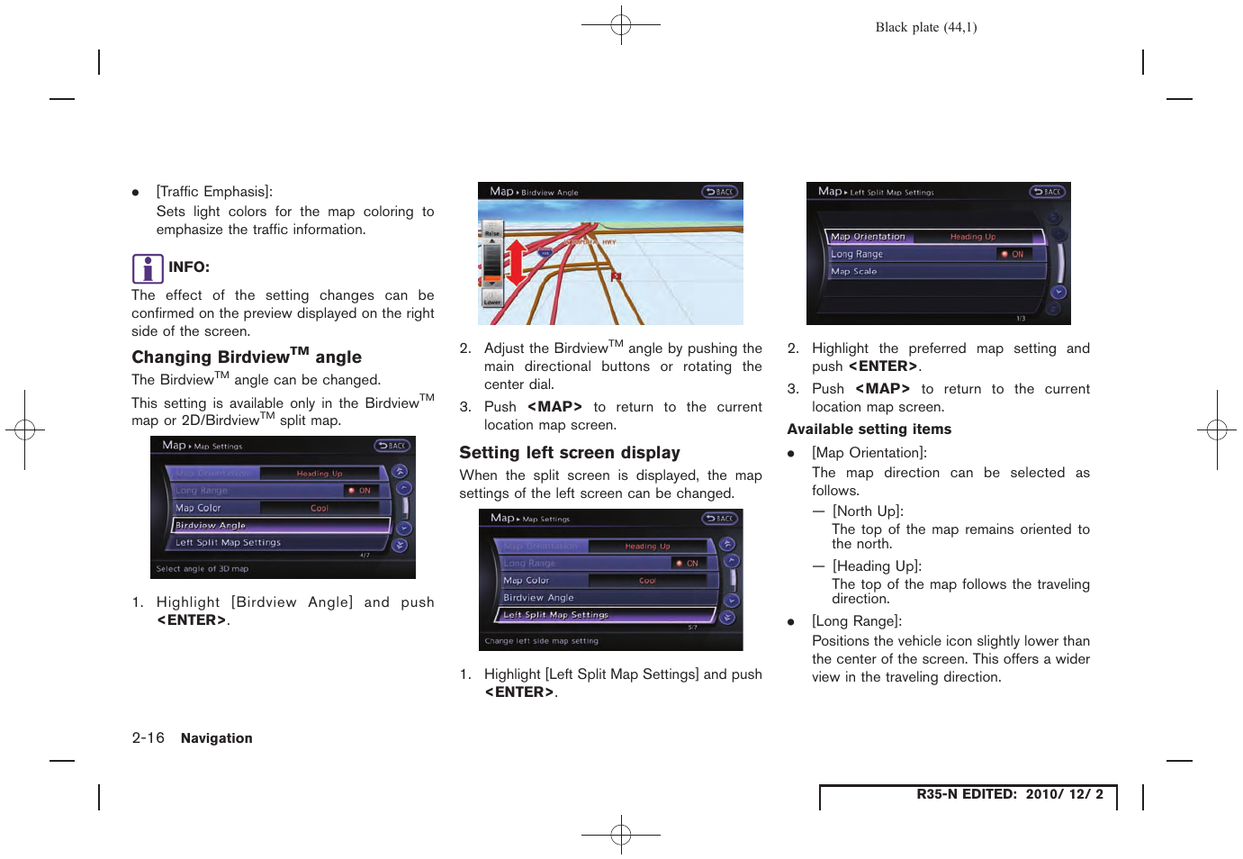 Changing birdview™ angle, Setting left screen display | NISSAN 2012 GT R - Multi Function Display Owner's Manual User Manual | Page 44 / 307