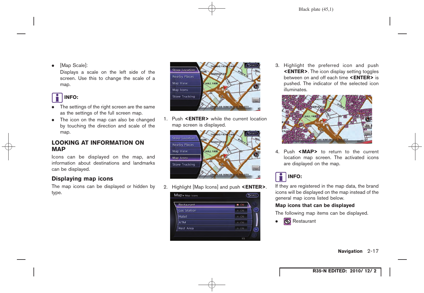 Looking at information on map, Displaying map icons, Looking at information on map -17 | NISSAN 2012 GT R - Multi Function Display Owner's Manual User Manual | Page 45 / 307
