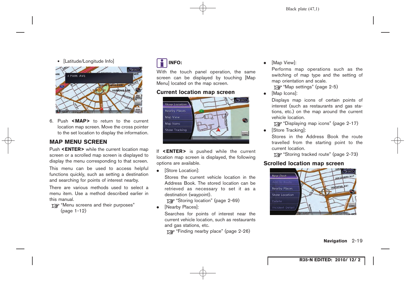 Map menu screen, Current location map screen, Scrolled location map screen | Map menu screen -19 | NISSAN 2012 GT R - Multi Function Display Owner's Manual User Manual | Page 47 / 307