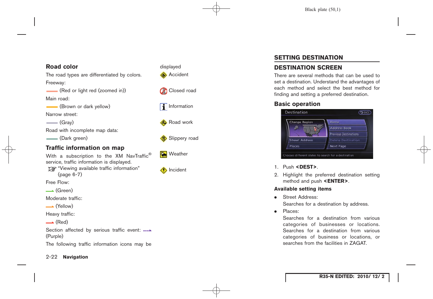 Road color, Traffic information on map, Setting destination | Destination screen, Basic operation, Setting destination -22, Destination screen -22 | NISSAN 2012 GT R - Multi Function Display Owner's Manual User Manual | Page 50 / 307