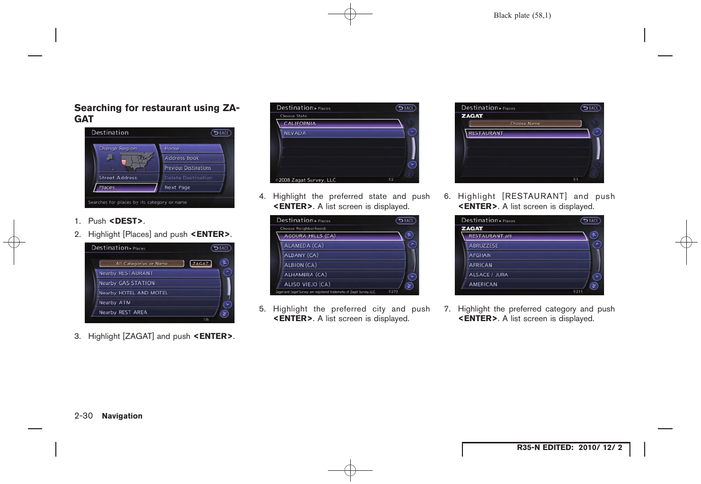 Searching for restaurant using zagat | NISSAN 2012 GT R - Multi Function Display Owner's Manual User Manual | Page 58 / 307