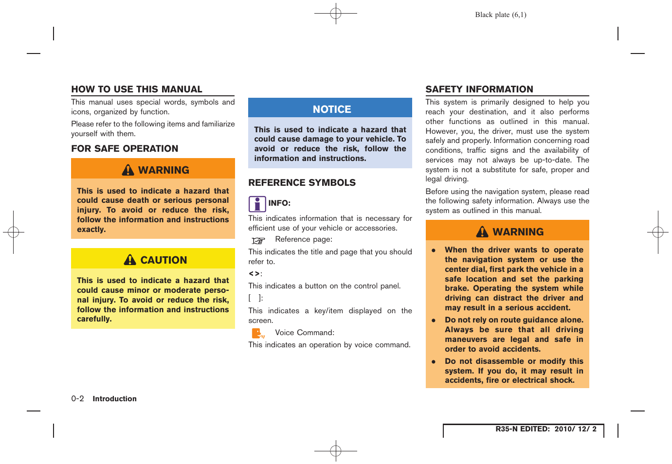 How to use this manual, For safe operation, Reference symbols | Safety information, How to use this manual -2, For safe operation -2 reference symbols -2, Safety information -2 | NISSAN 2012 GT R - Multi Function Display Owner's Manual User Manual | Page 6 / 307