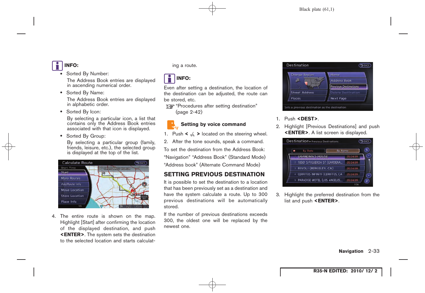 Setting previous destination, Setting previous destination -33 | NISSAN 2012 GT R - Multi Function Display Owner's Manual User Manual | Page 61 / 307
