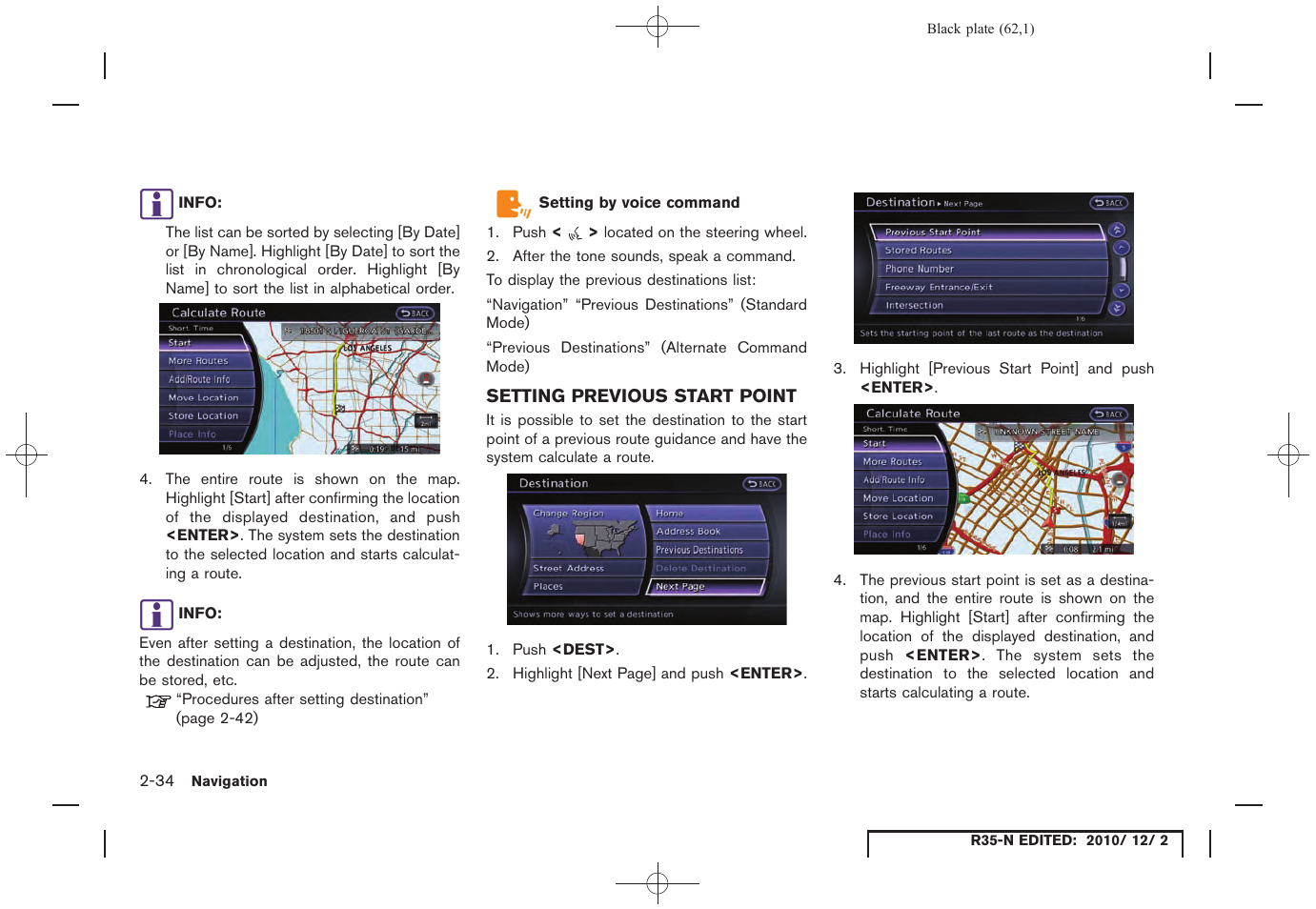 Setting previous start point, Setting previous start point -34 | NISSAN 2012 GT R - Multi Function Display Owner's Manual User Manual | Page 62 / 307