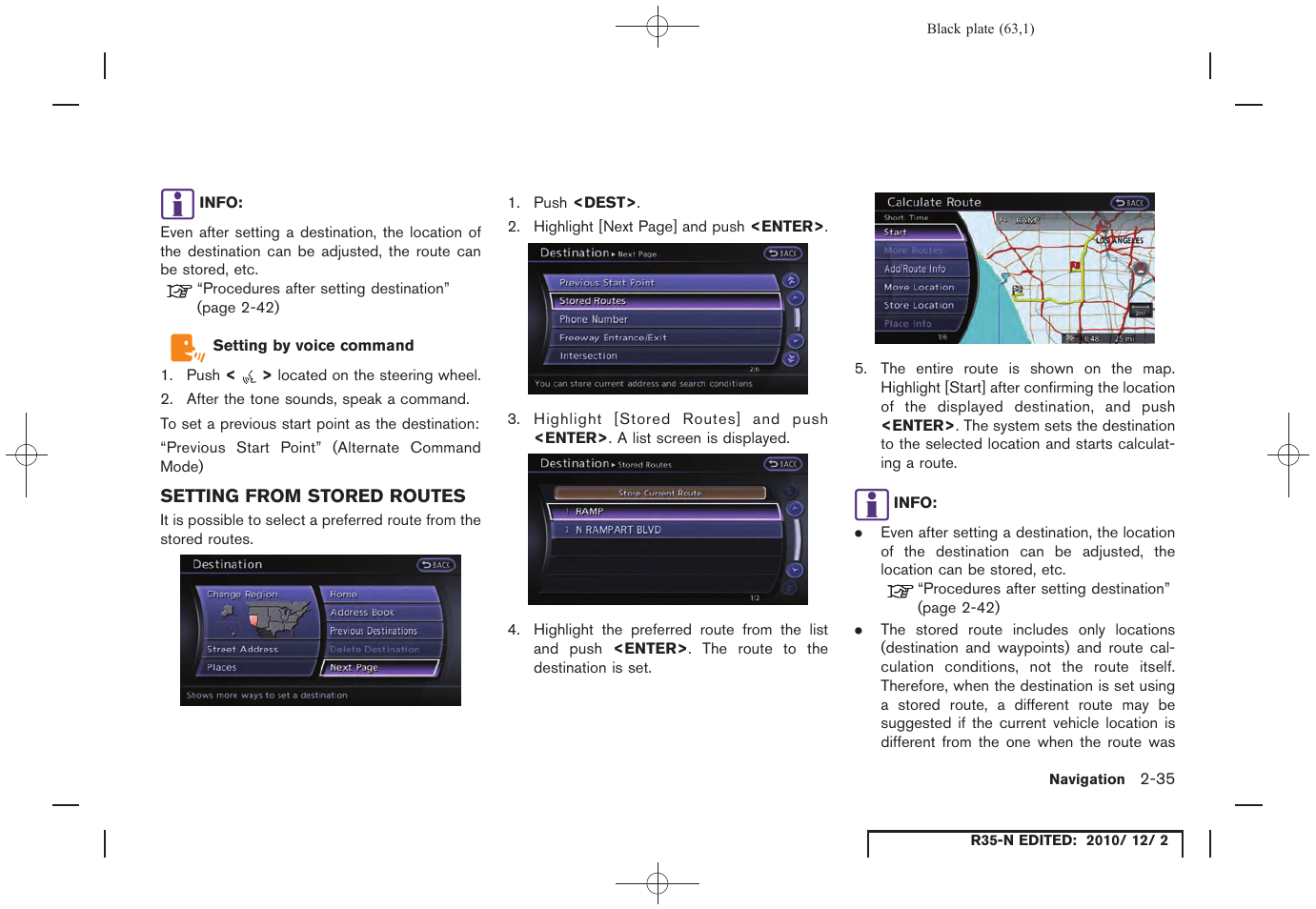 Setting from stored routes, Setting from stored routes -35 | NISSAN 2012 GT R - Multi Function Display Owner's Manual User Manual | Page 63 / 307