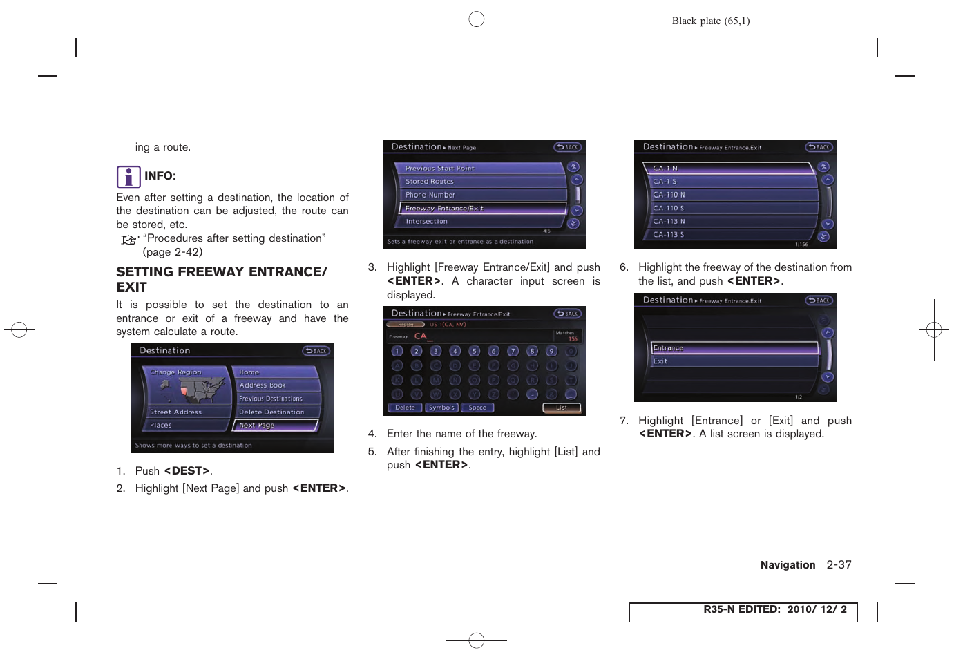 Setting freeway entrance/exit, Setting freeway entrance/exit -37 | NISSAN 2012 GT R - Multi Function Display Owner's Manual User Manual | Page 65 / 307